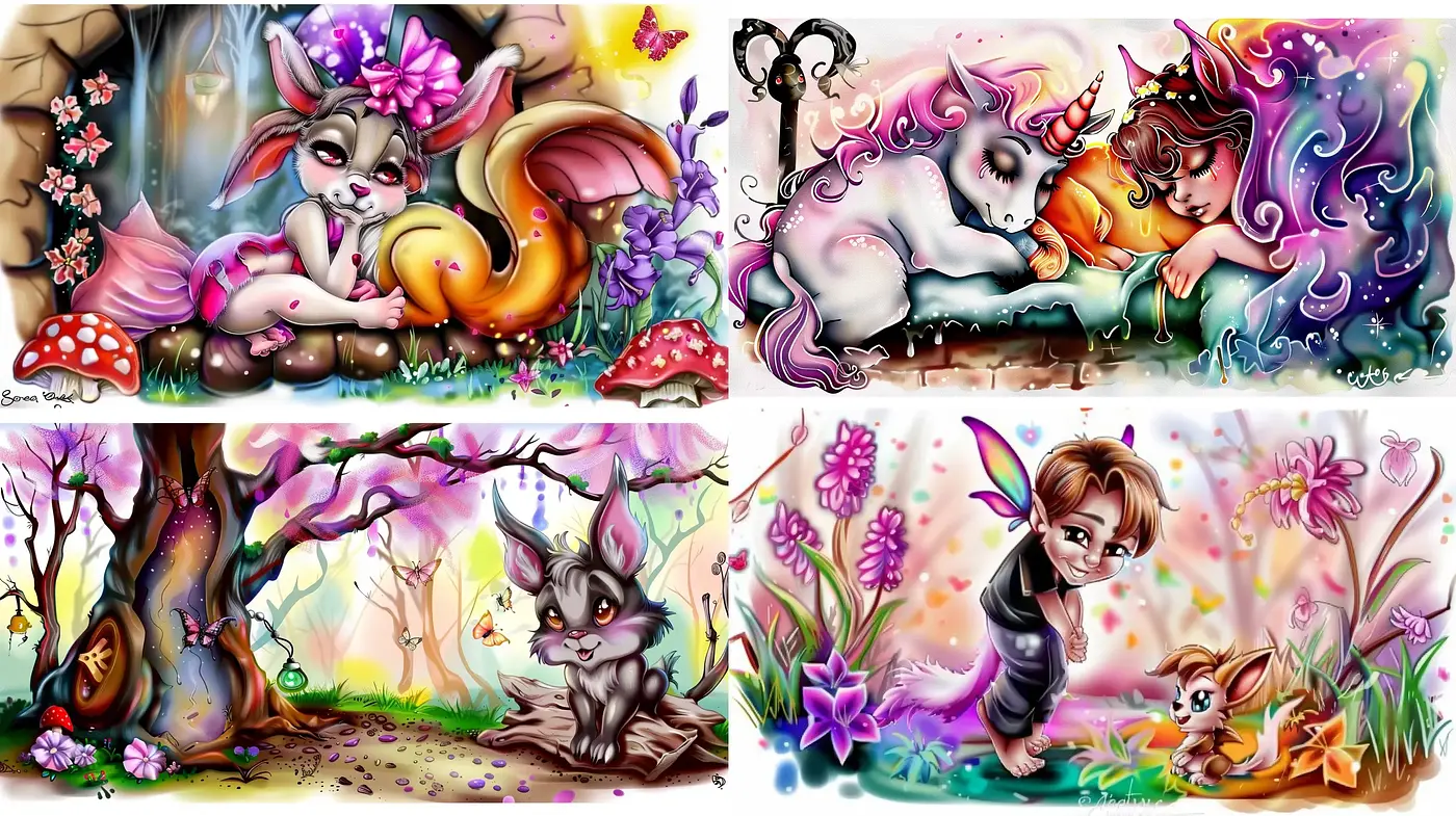 Enchanted Whimsical Dreamscape with Vibrant Storybook Flourish - Midjourney sref style