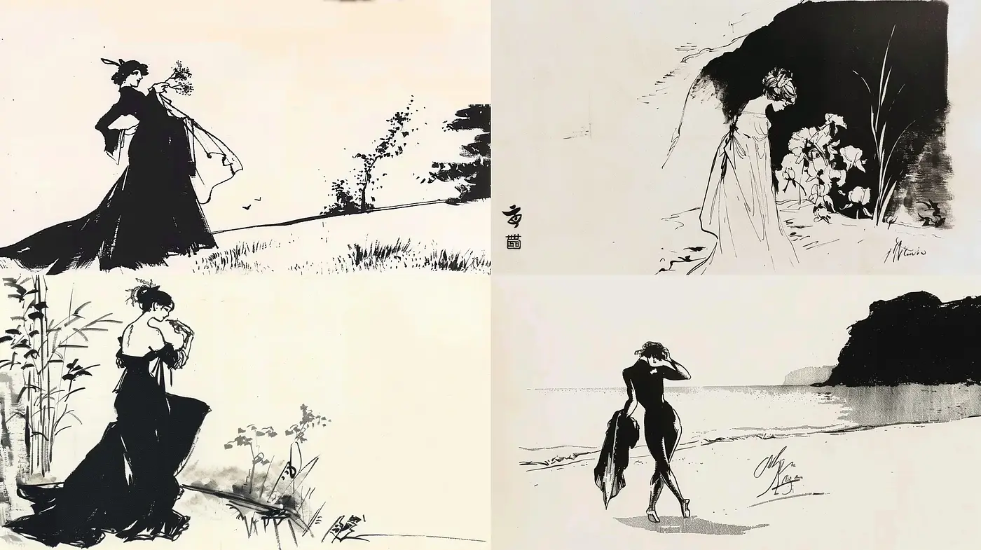 Monochromatic Elegance: Shades of Ink and Grace in Dynamic Brushwork - Midjourney sref style
