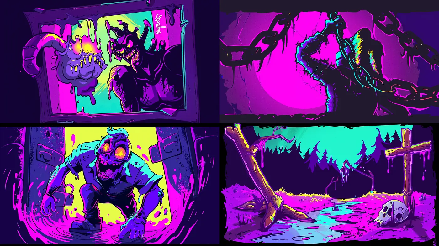 Neon Noir Fantasy: An Electric Blend of Dark Undertones and Vibrant Highlights - Midjourney sref style