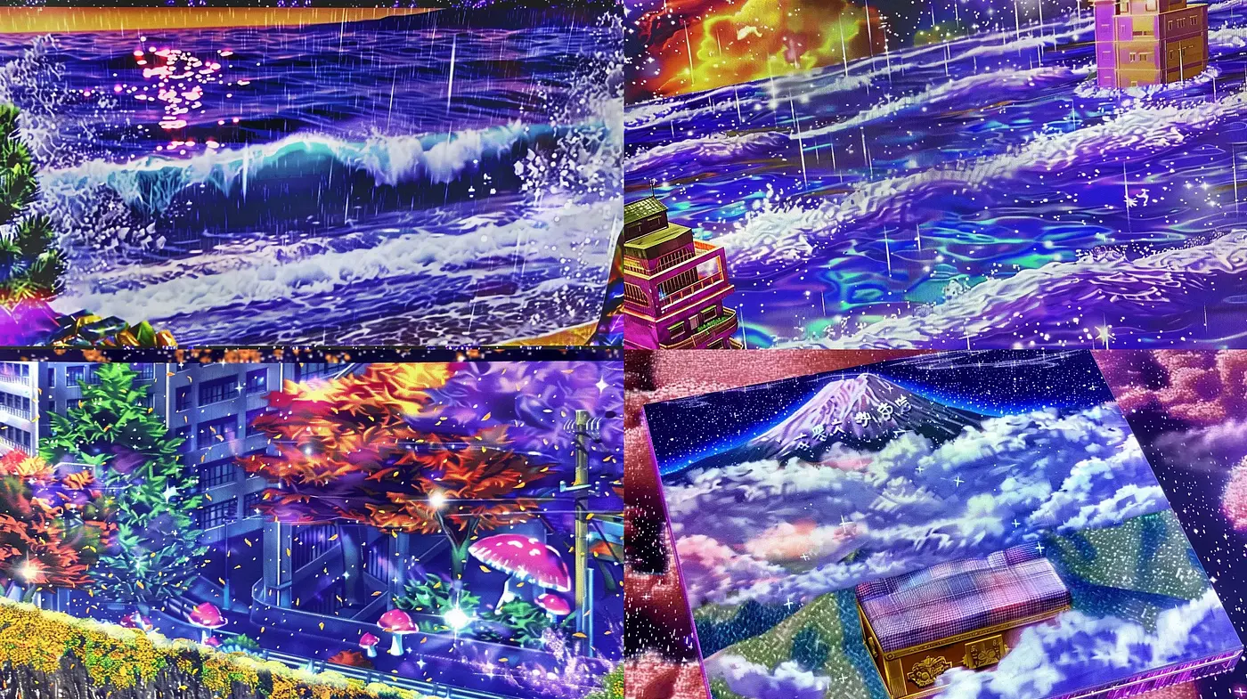 Surreal Cosmic Dreamscape: An Ethereal Fusion of Traditional Japanese Imagery and Vibrant Space Aesthetics - Midjourney sref style