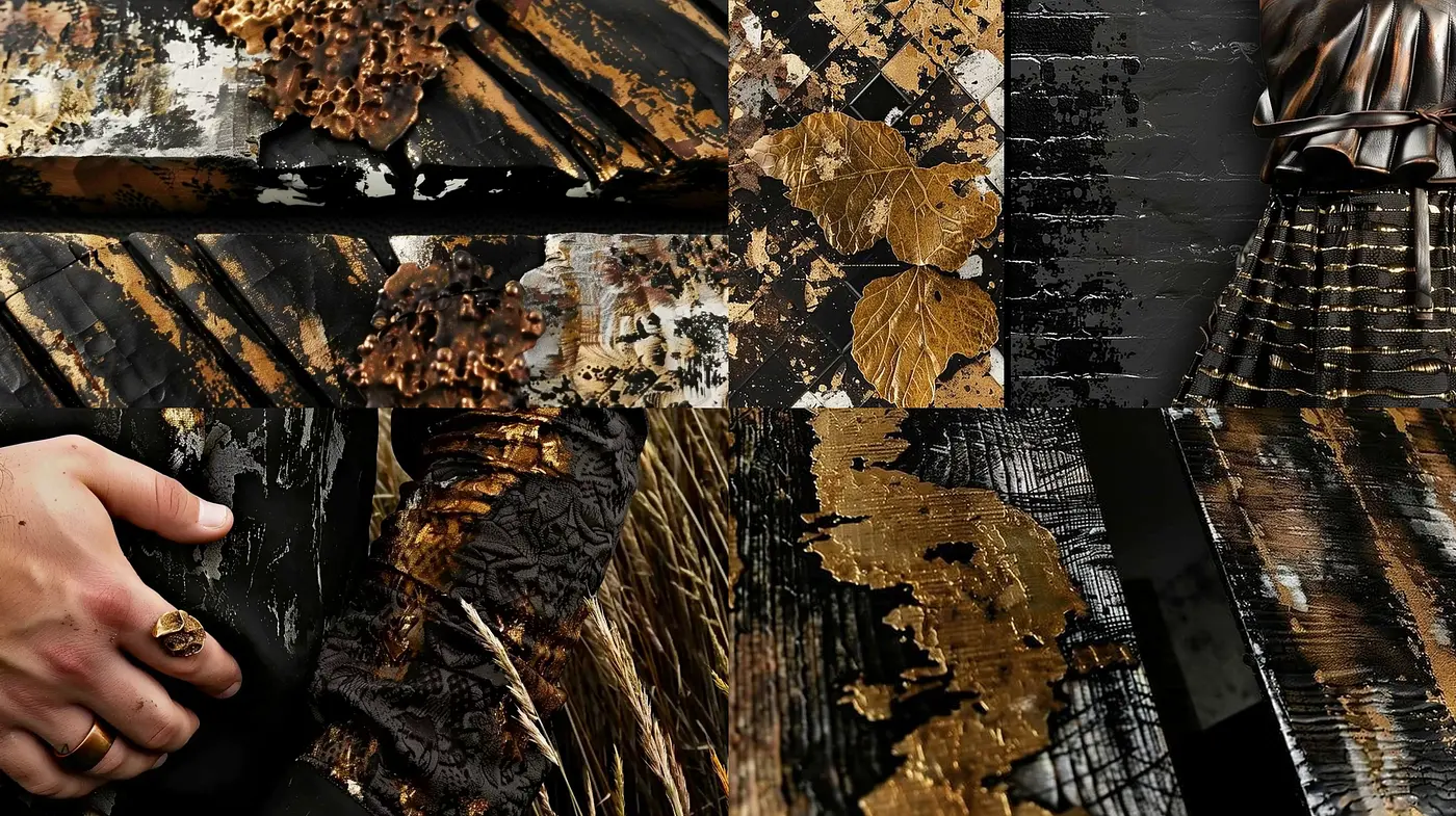Abstract Elegance in Gold and Dark Tones: A Medley of Textural Contrasts and Shadow Play - Midjourney sref style