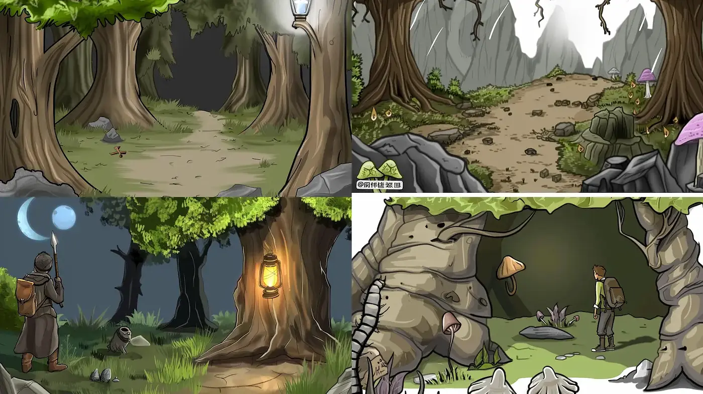 Whimsical Illustrated Forest Scenes with a Touch of Adventure - Midjourney sref style