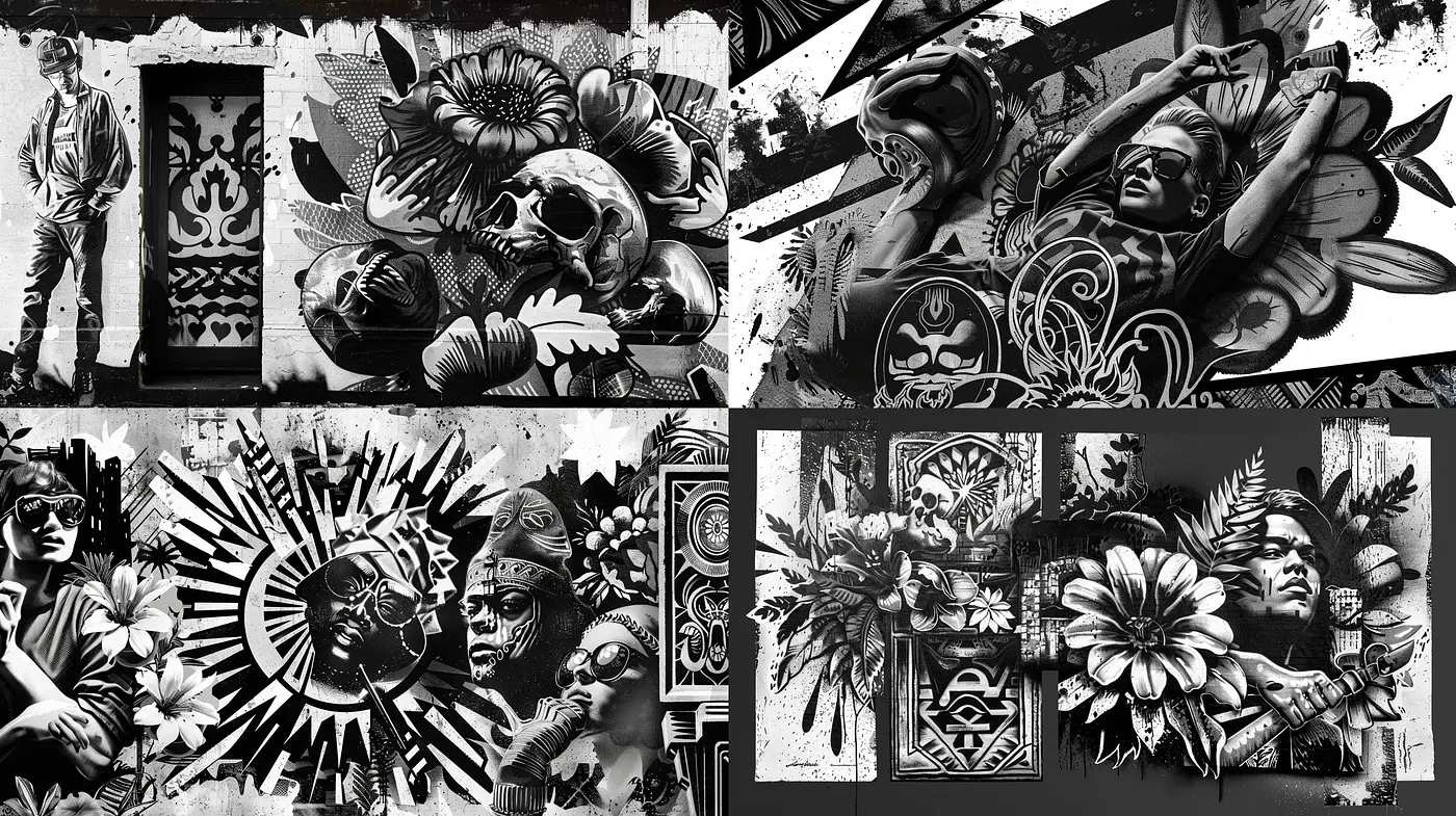 Monochromatic Mural Extravaganza: A Fusion of Graffiti Art and Graphic Novel Realism - Midjourney sref style