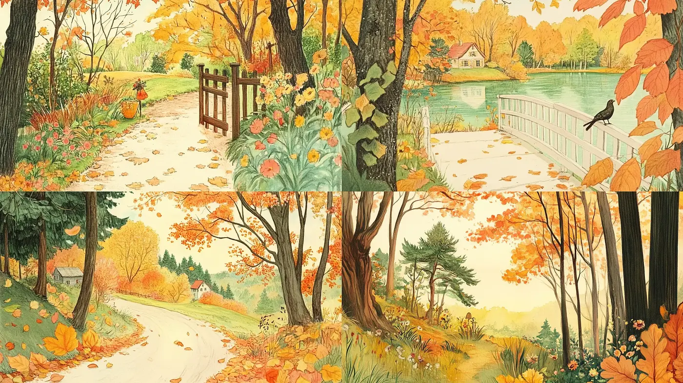 Autumnal Serenity in Stylized Pastoral Scenes - Midjourney sref style