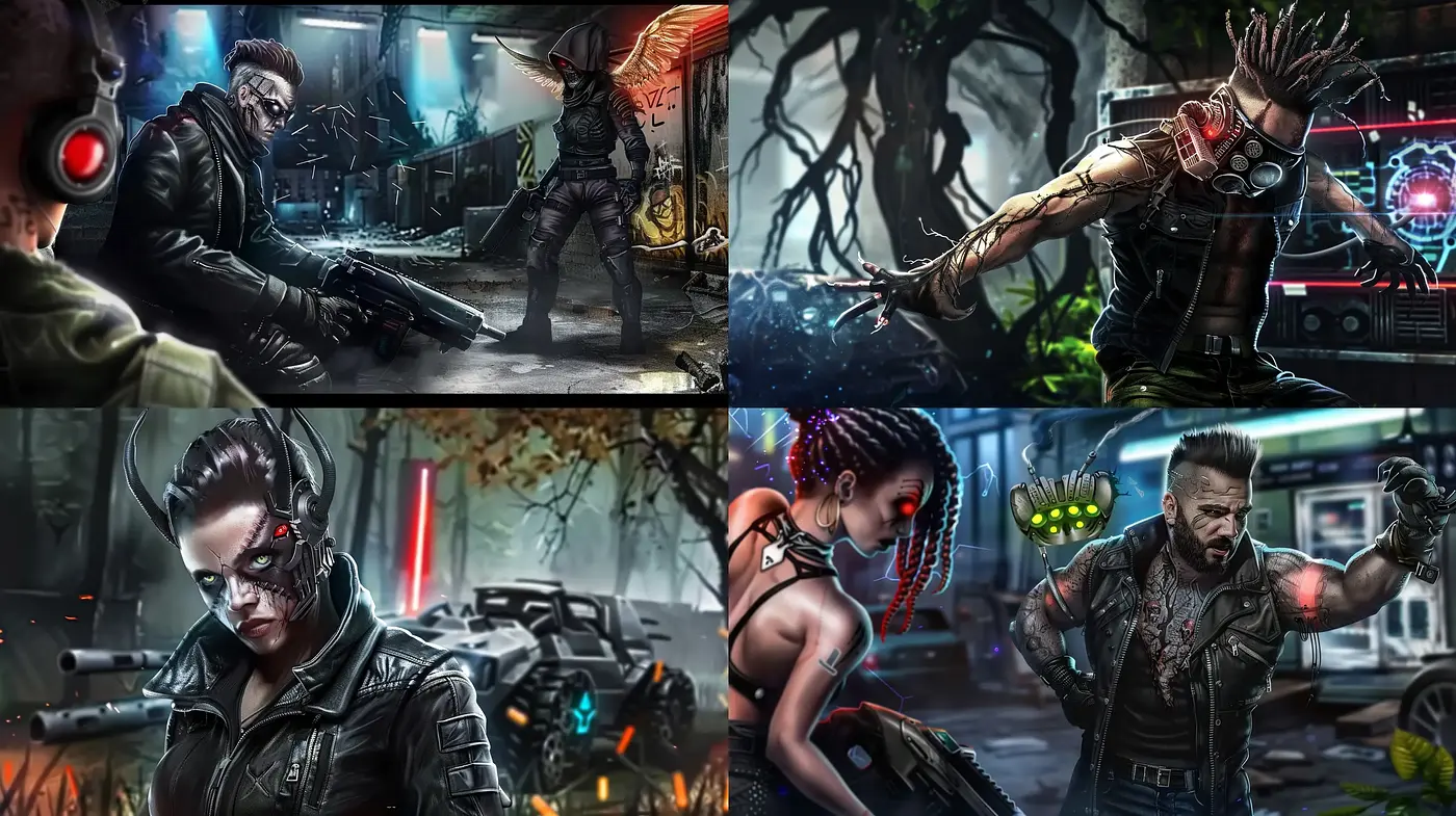 Dystopian Cyberpunk Visions with Metallic Sheen and Vibrant Contrasts - Midjourney sref style