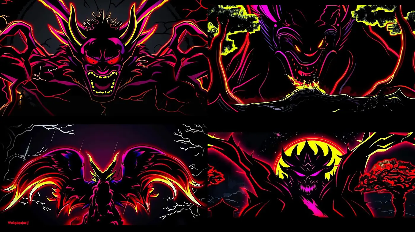 Neon Outlined Nightmare: A Stylistic Fusion of Dark Fantasy and Vibrant Contrasts - Midjourney sref style