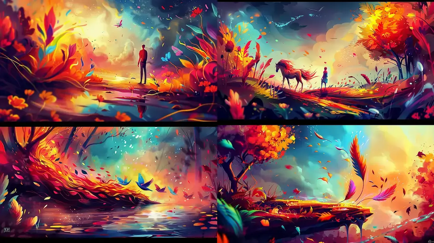 Vibrant Autumnal Fantasy Landscapes with Surreal Elements - Midjourney sref style