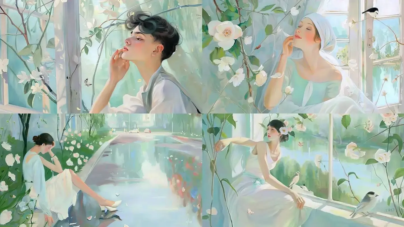 Serene and Ethereal Floral Paintings with Dreamlike Qualities - Midjourney sref style