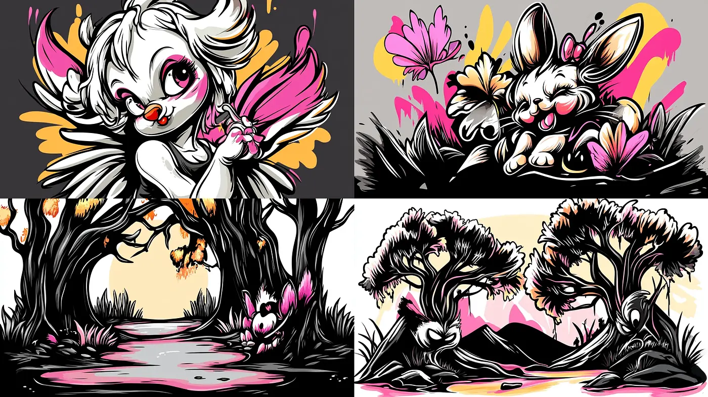 Vibrant Contrast in Stylized Natural Vignettes - Midjourney sref style