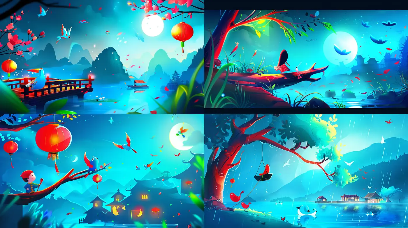 Enchanted Eastern Nights: A Synthesis of Vivid Hues and Mythical Serenity - Midjourney sref style
