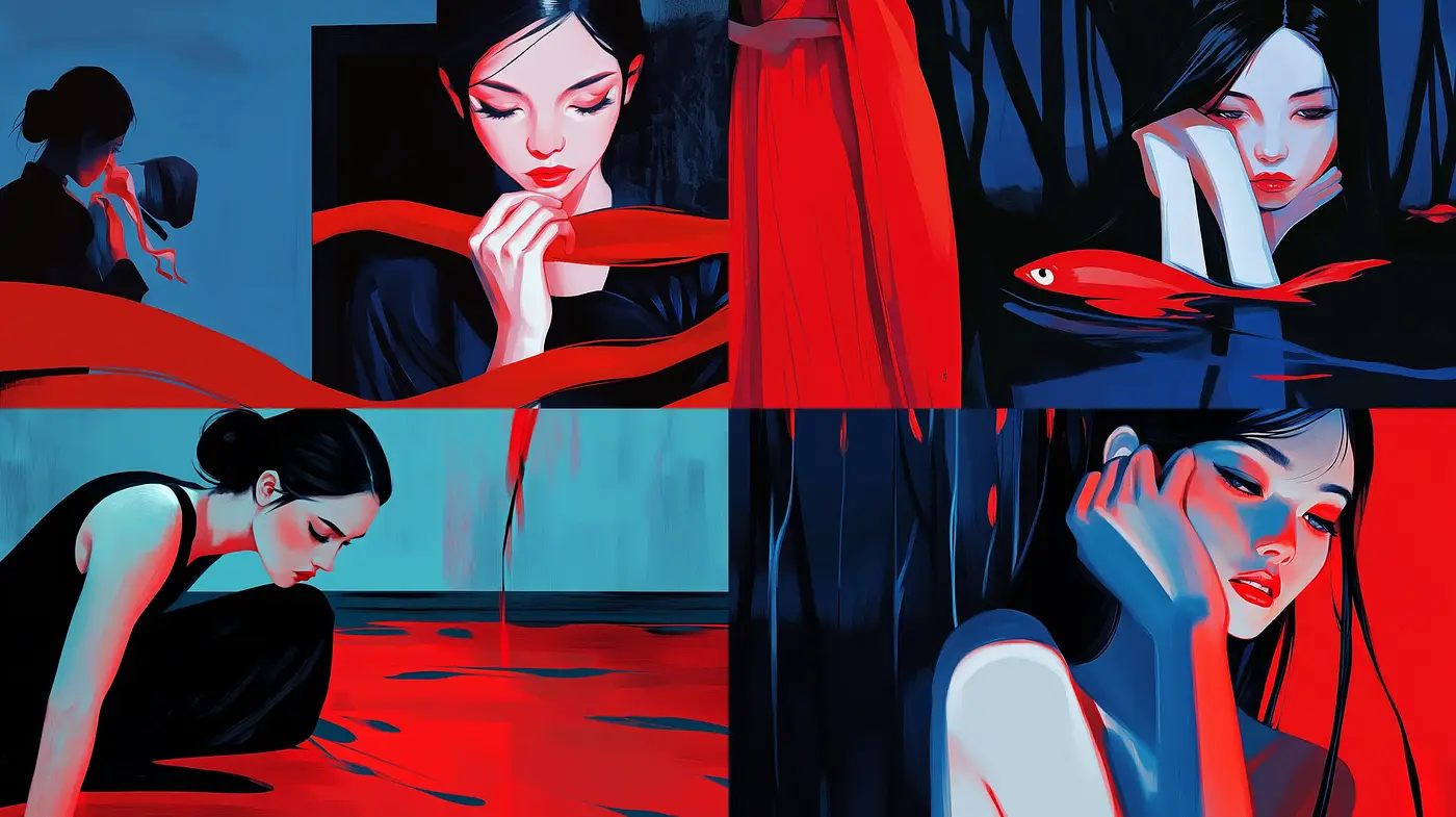 Crimson Elegance in Postmodern Portraiture - Midjourney sref style