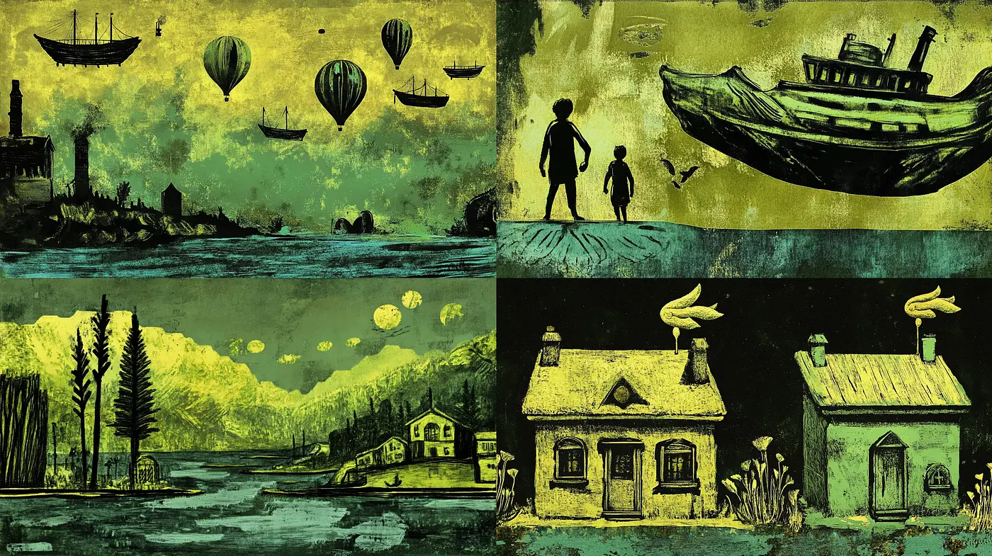 Ethereal Nocturne in Chartreuse: A Fusion of Vintage Storybook and Expressionist Dreams - Midjourney sref style