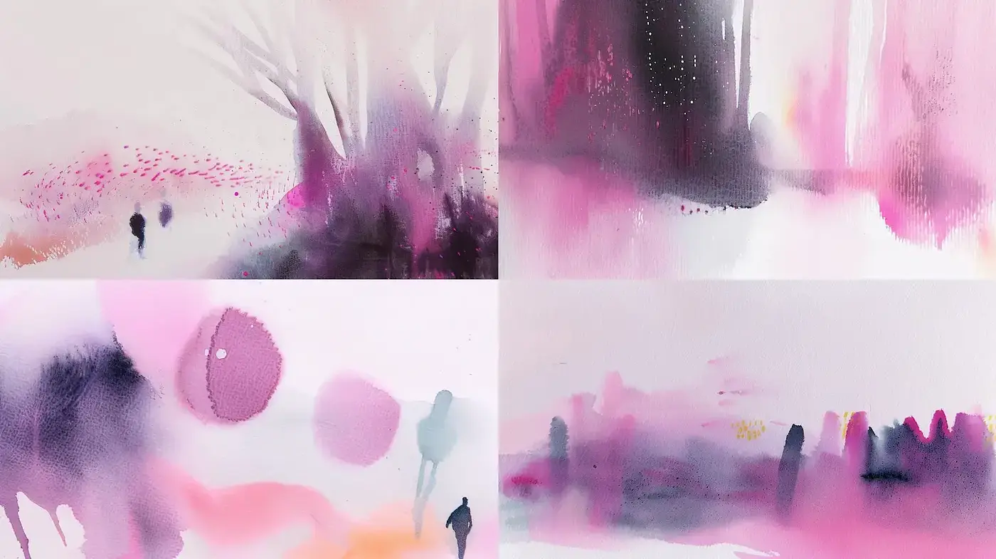 Serene Watercolor Landscapes with Abstract Elements - Midjourney sref style