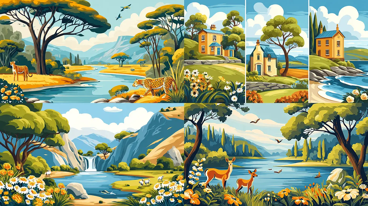 Whimsical Landscape with Vibrant Elements Inspired by Classic Illustrators - Midjourney sref style