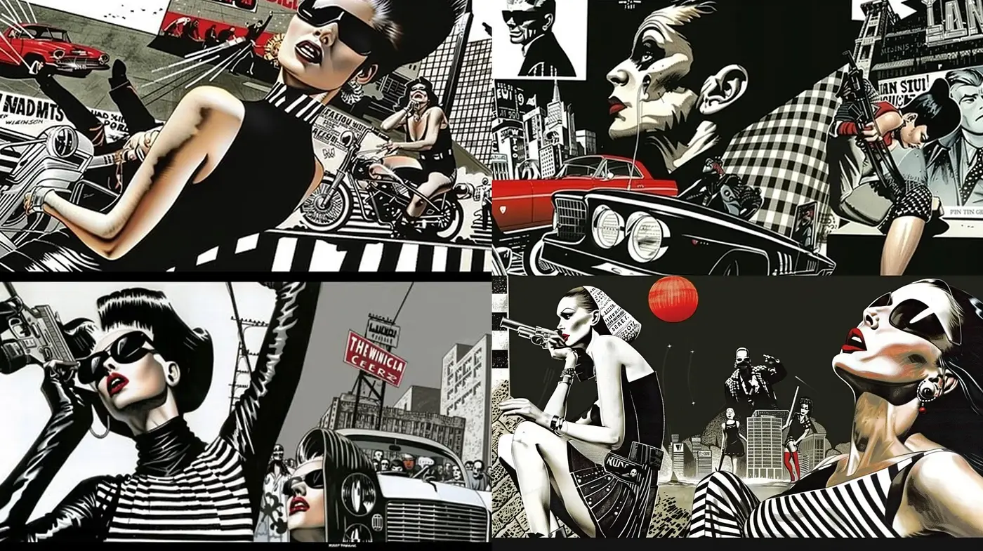 Graphic Novel Fusion: A Monochromatic Ode to Vintage Pop Art and Retro Fashion - Midjourney sref style