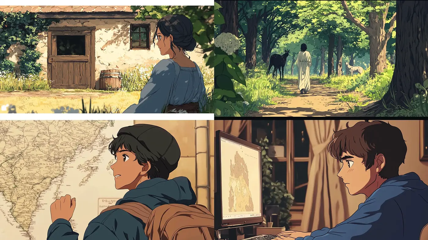 Pastoral Anime-Inspired Digital Illustrations with Earthy Tones and Serene Atmospheres - Midjourney sref style