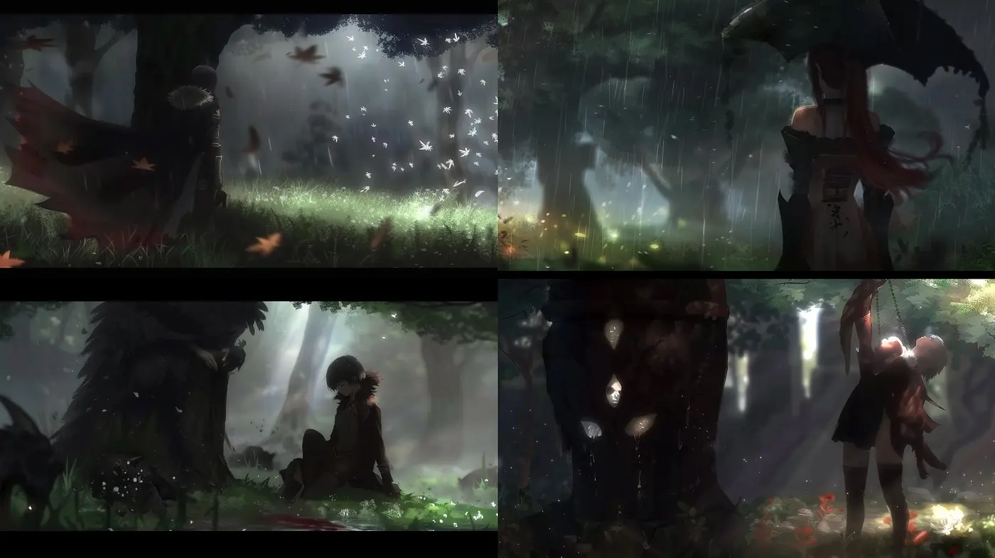 Enigmatic Forest Whispers: A Fusion of Ethereal Anime Dreamscapes and Surreal Nature - Midjourney sref style