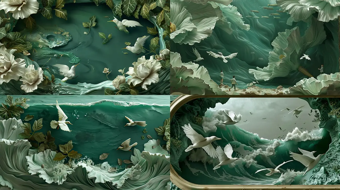 Surreal Aquatic Dreamscape in Emerald Hues - Midjourney sref style