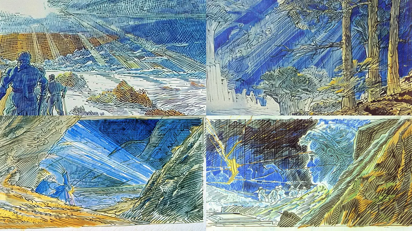 Dynamic Sketch-Style Landscapes with a Monochromatic Blue Essence - Midjourney sref style