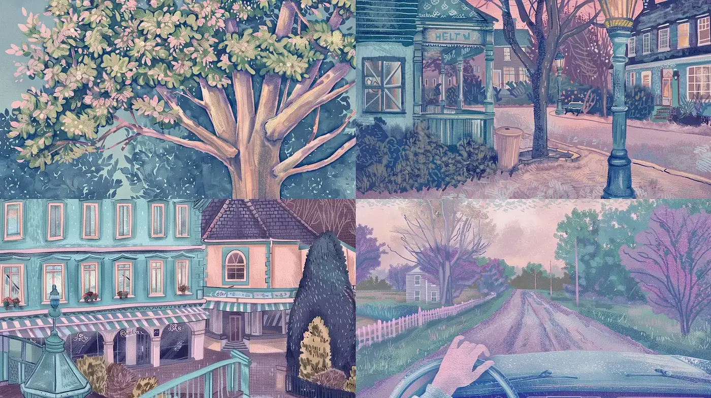 Serene and Whimsical Retro Urban Landscapes with a Dreamlike Quality - Midjourney sref style