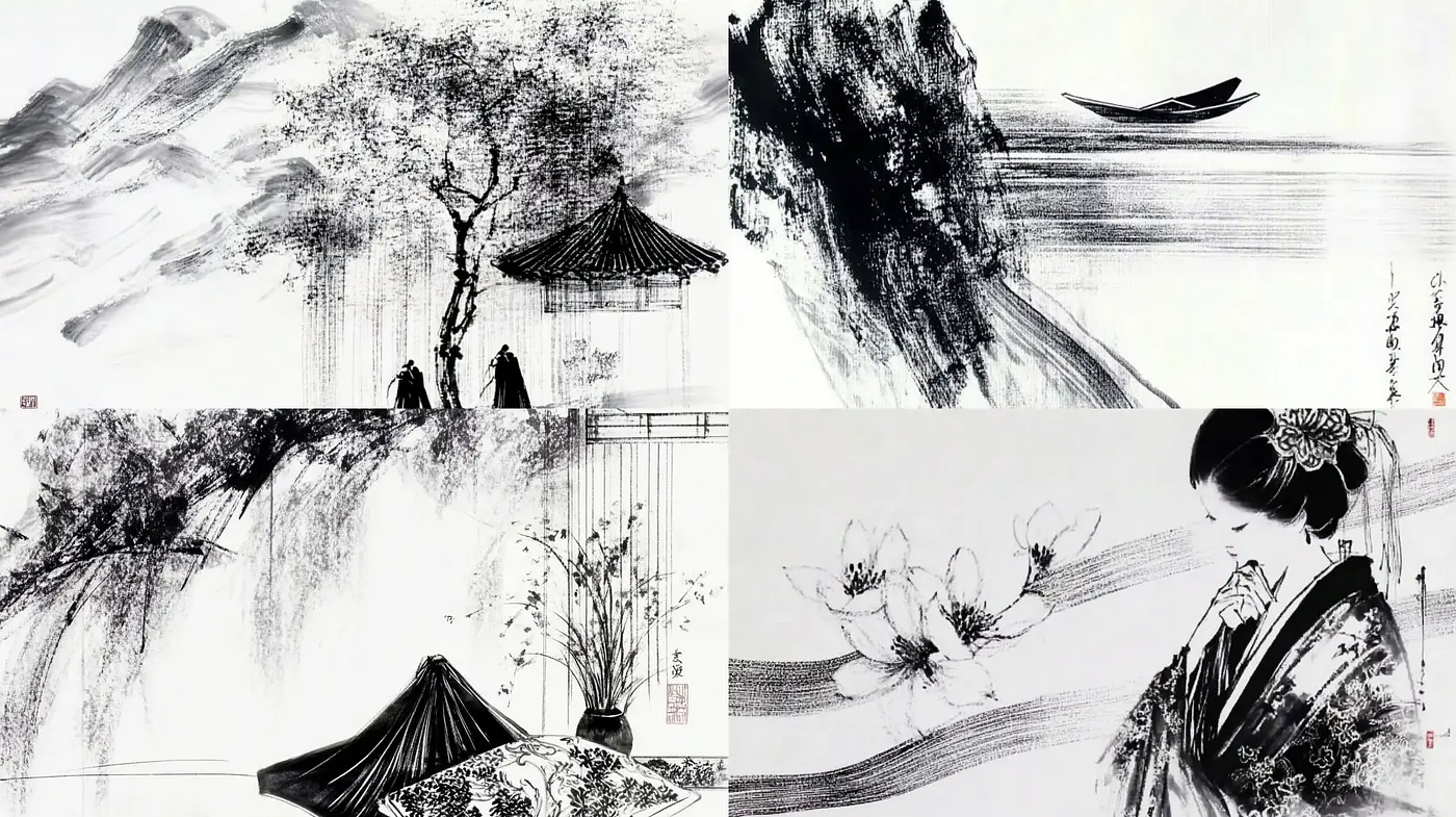 Ethereal Monochrome Inkscapes: A Homage to Traditional East Asian Brushwork - Midjourney sref style