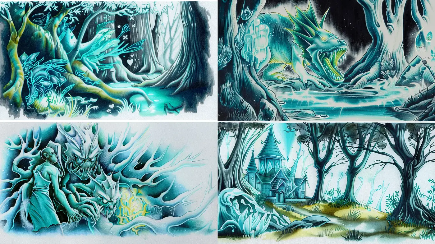 Ethereal Aquamarine Dreamscape: A Consistent Vision Across Diverse Scenes - Midjourney sref style