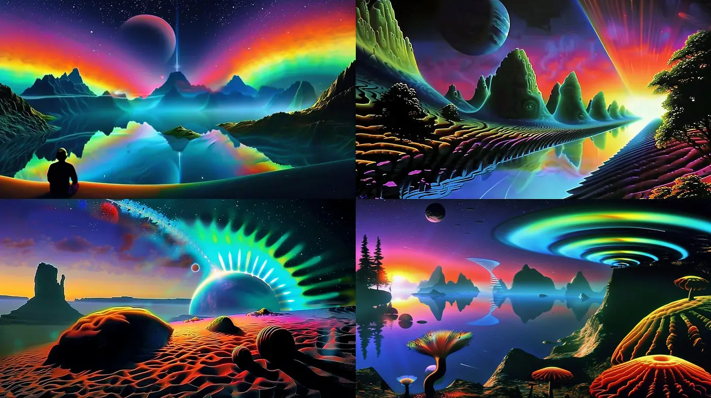 Cosmic Dreamscape: A Synthesis of Vibrant Retro-Futurism and Psychedelic Fantasy - Midjourney sref style