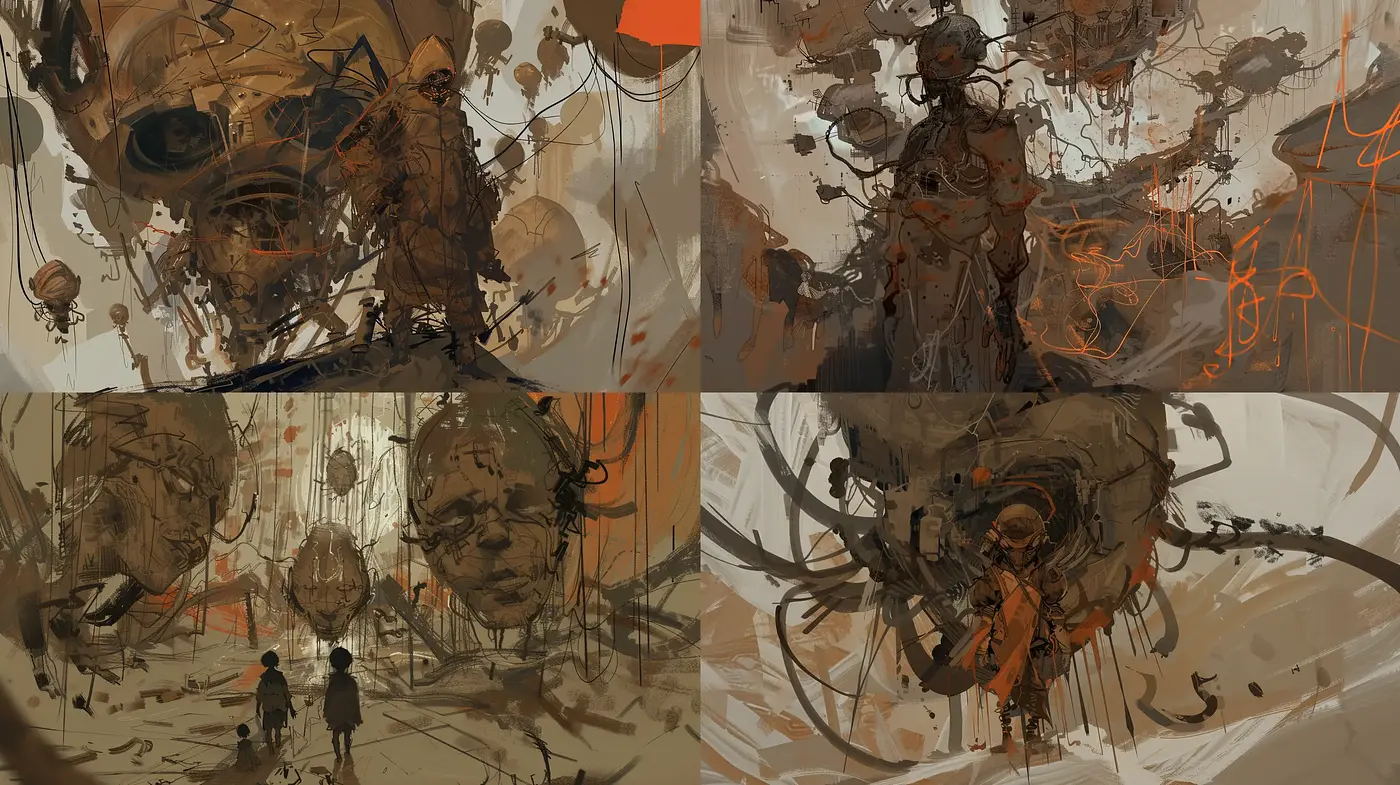 Abstracted Dystopian Chaos in Warm Sepia Tones - Midjourney sref style