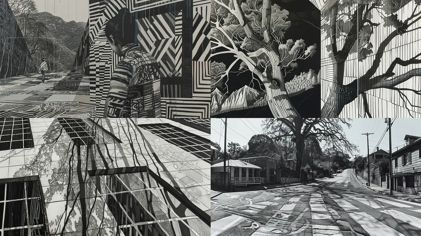 Monotone Metamorphosis: A Fusion of Geometric Abstraction and Realistic Detail - Midjourney sref style