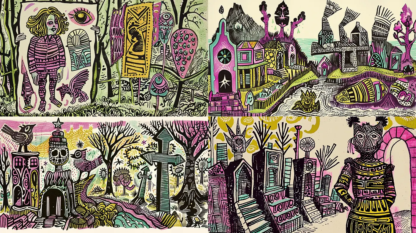 Surreal Storybook Fusion with Whimsical Ink Overtones - Midjourney sref style