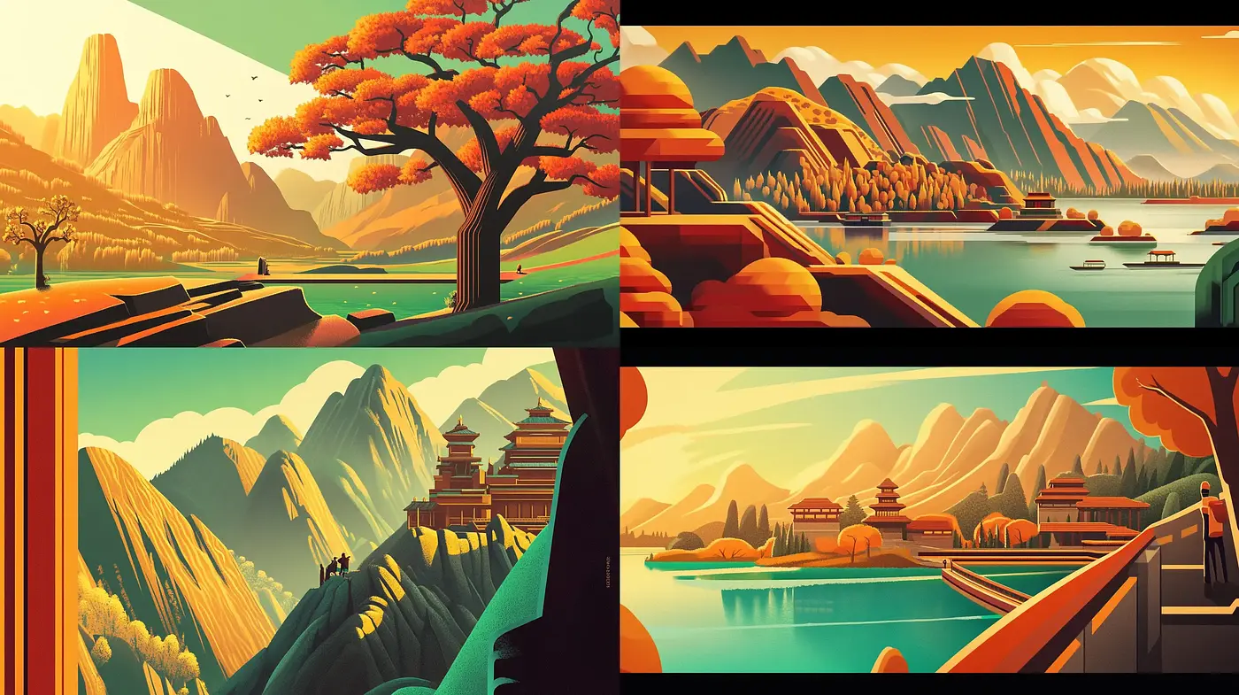 Harmonious Landscape Panorama in Luminous Autumn Hues - Midjourney sref style