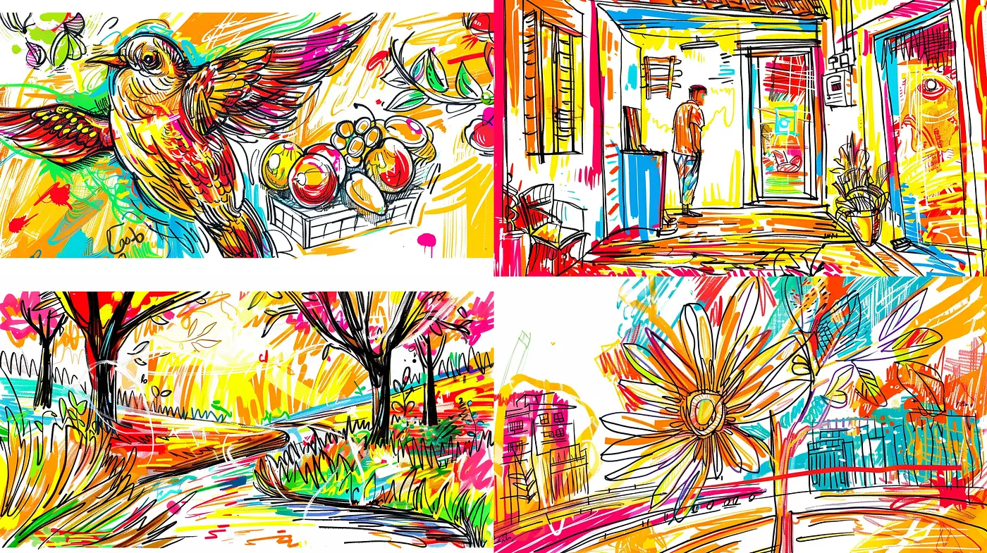Radiant Spectrum Sketches: A Vivid Dance of Line and Color - Midjourney sref style