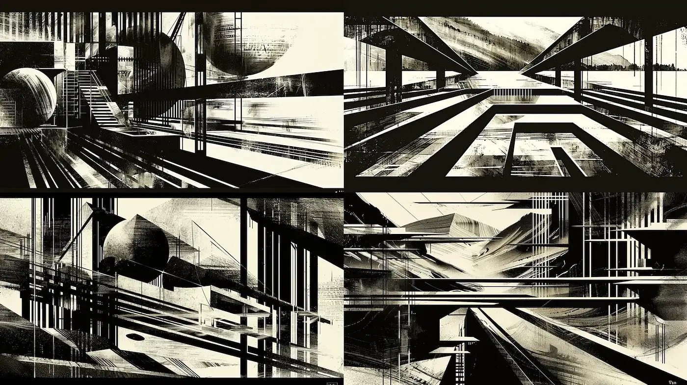 Dynamic and Abstract Architectural Exploration in Monochrome - Midjourney sref style