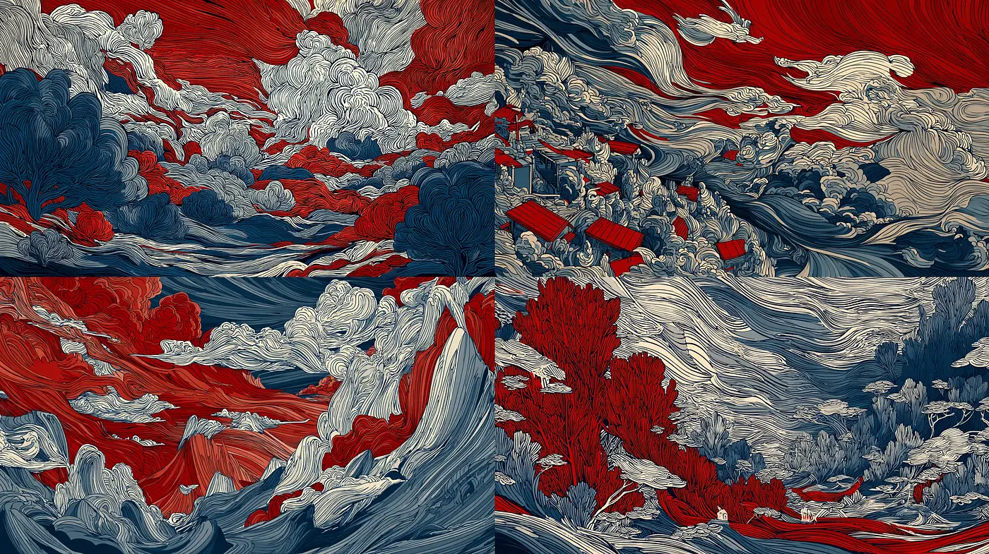 Fluid and Dynamic Landscape Illustrations with a Bold Color Scheme - Midjourney sref style