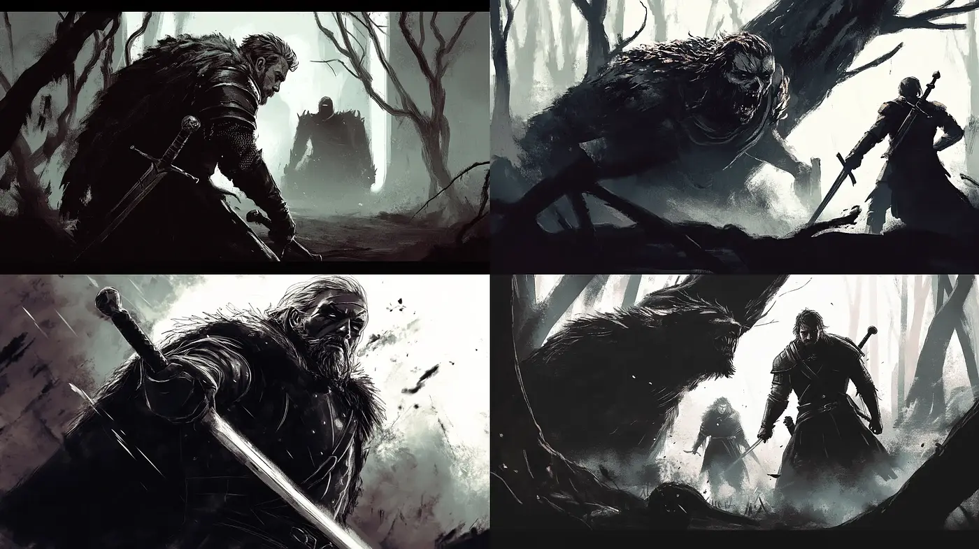 Monochromatic Fantasy Epic Illustrations - Midjourney sref style