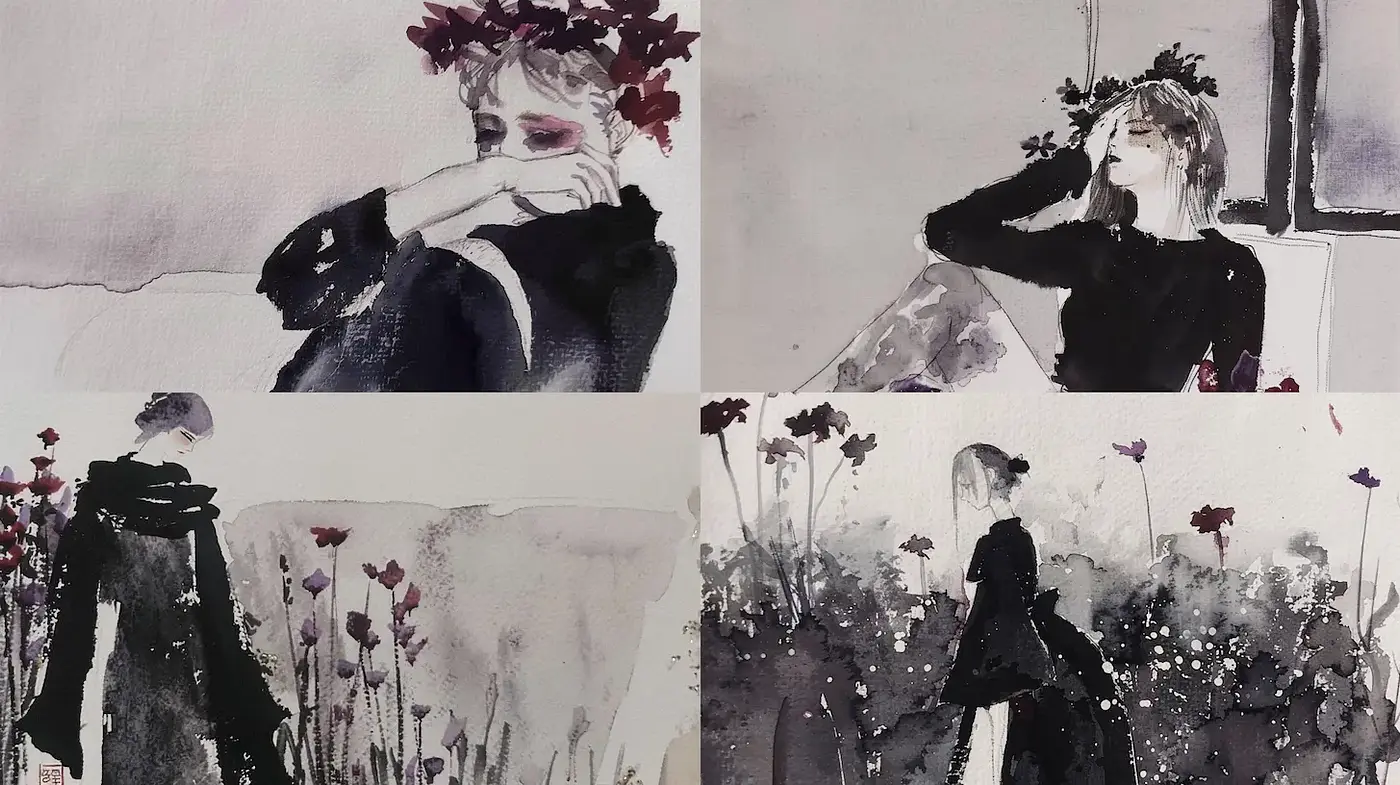 Elegant watercolor aesthetics with a melancholic touch - Midjourney sref style