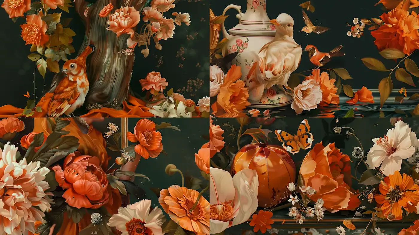 Ornate Floral Composition with Avian Elements - Midjourney sref style