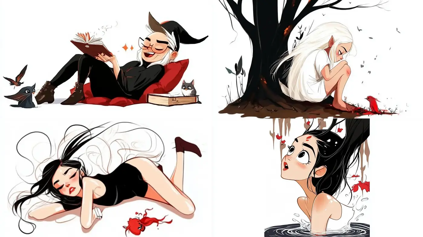 Elegant Whimsy: A Fusion of Flowing Forms and Vivid Contrast in Digital Illustration - Midjourney sref style