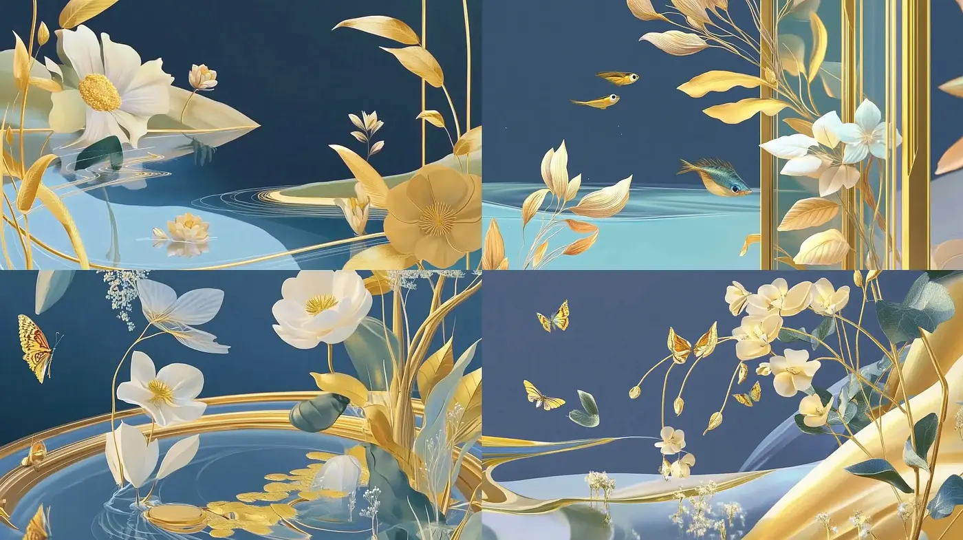 Ethereal Floral Elegance in Serene Blue and Gold - Midjourney sref style