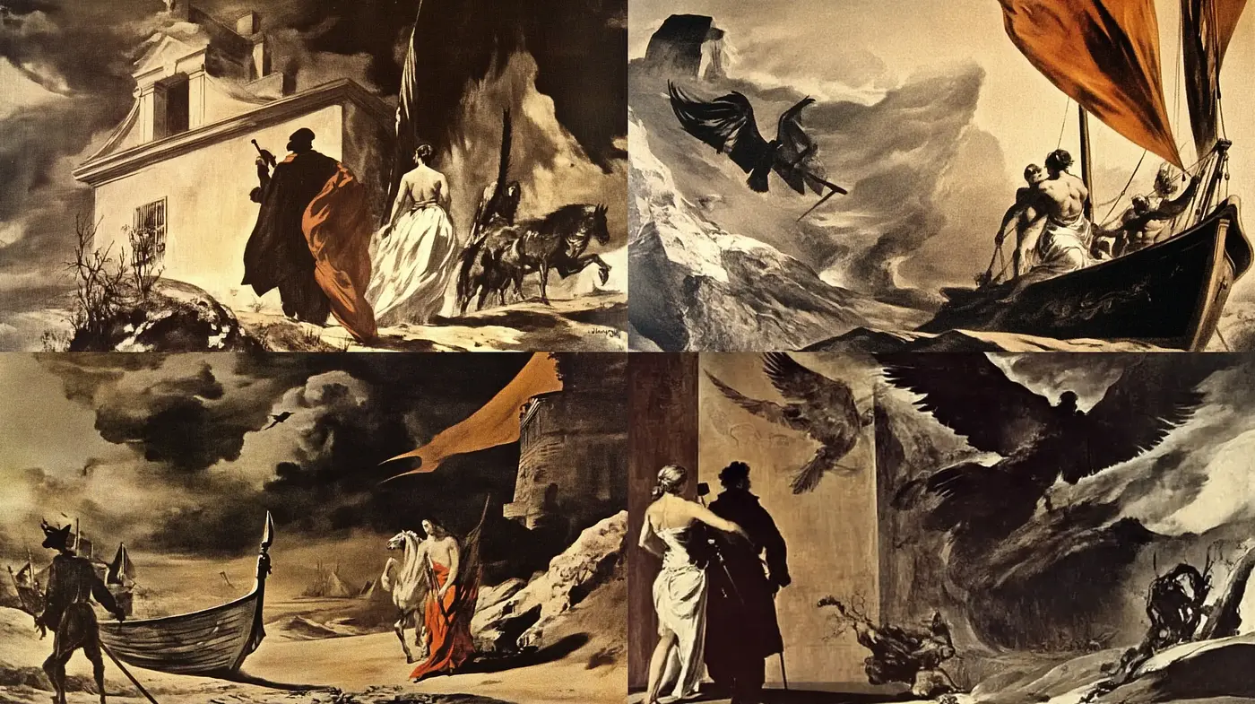 Dramatic Romanticism Revival with a Dynamic Monochromatic Spectrum - Midjourney sref style