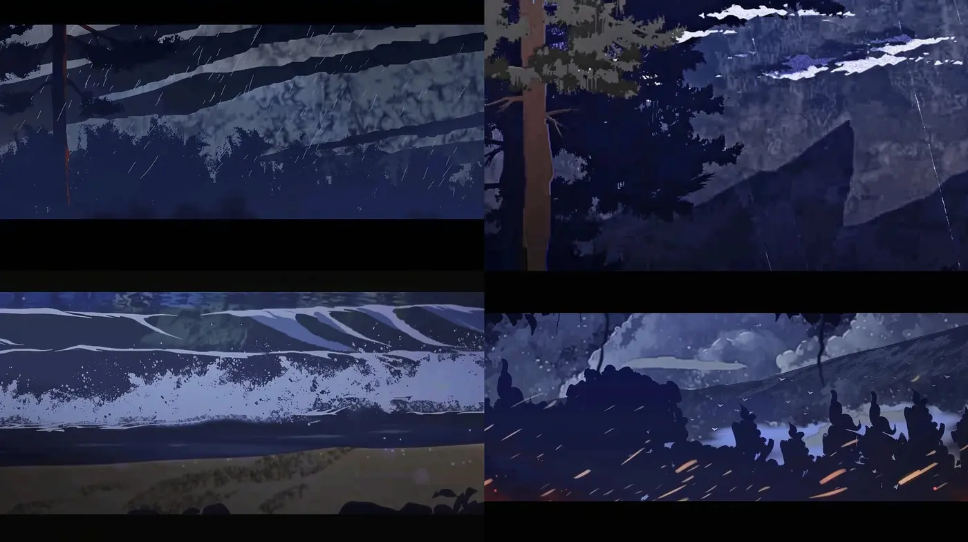 Stylized Nocturnal Digital Landscapes with Dynamic Textures and a Cinematic Edge - Midjourney sref style
