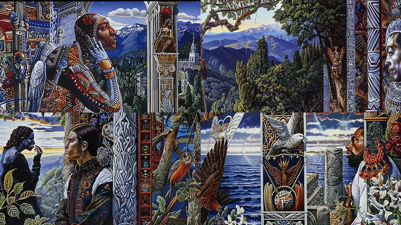 Dynamic and intricate fusion of cultural motifs with surreal landscapes - Midjourney sref style