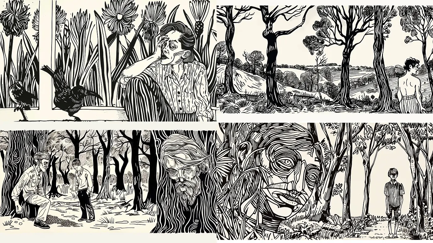 Monochromatic Melancholy: Homage to the Ink-and-Line Natural World - Midjourney sref style