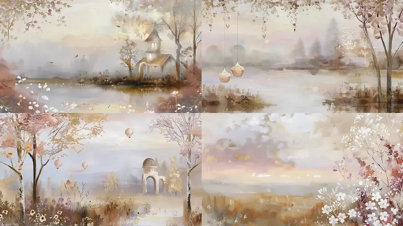 Dreamy and Ethereal Landscape Paintings with Soft Textures and Pastel Hues - Midjourney sref style