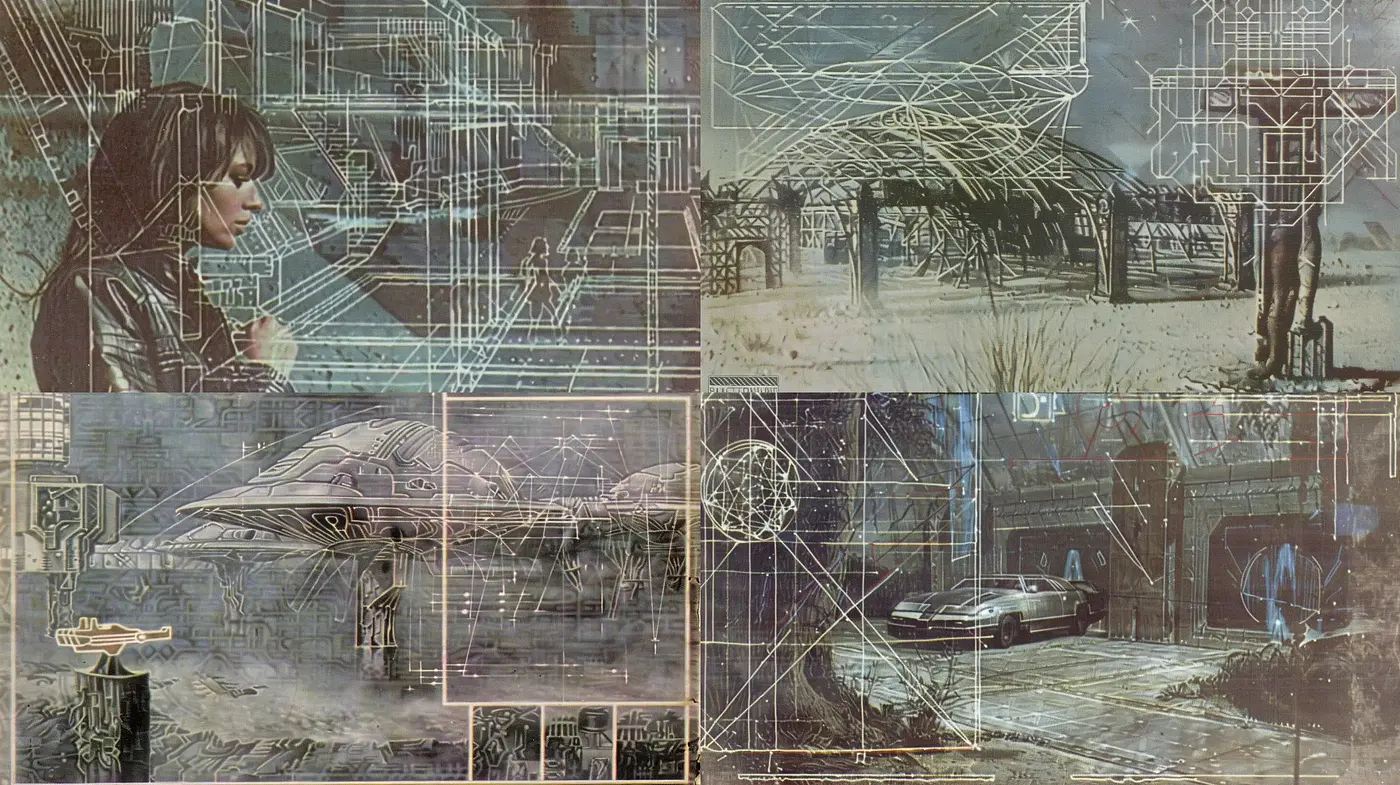 Futuristic Technical Schematics Overlay on Atmospheric Scenes - Midjourney sref style