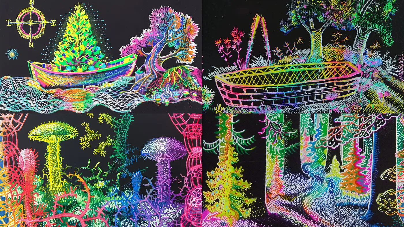 Psychedelic Neon Forest Dreamscapes: A Vividly Textured Journey through Fluorescent Arboreal Wonders - Midjourney sref style