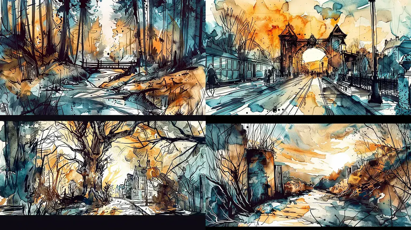 Enchanting Watercolor Landscapes with Ethereal Light and Dramatic Shadows - Midjourney sref style