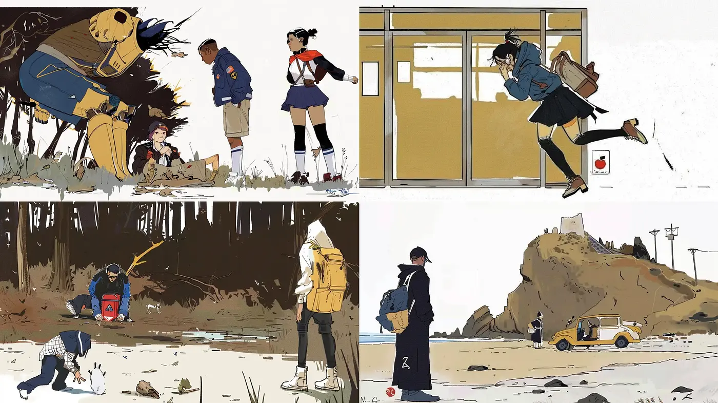 Moderne Sérénité: A Cross-Genre Tapestry of Stylized Solitude and Motion - Midjourney sref style