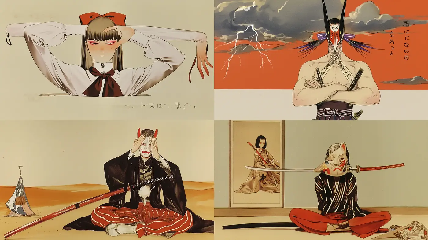Ethereal Kabuki-Inspired Tableau with Surreal Overtones - Midjourney sref style