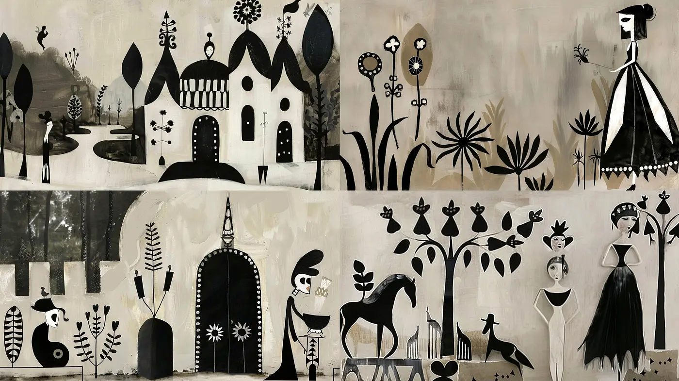 Monochromatic Whimsy in Stylized Botanical Elegance - Midjourney sref style